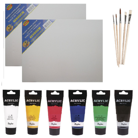 Painters set of 6x tubes acrylic paint 75 ml + brushes set + 2x canvas 40 x 60 cm