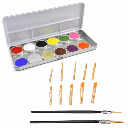 Schmink/grimeer palet van 12 kleuren met penselen en kwastjes