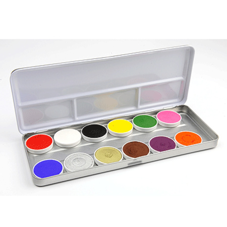 Schmink/grimeer palet van 12 kleuren met penselen en kwastjes
