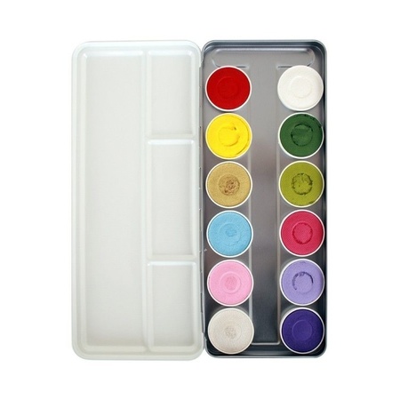 Schmink/grimeer palet van 12 kleuren met penselen en kwastjes/sponsjes