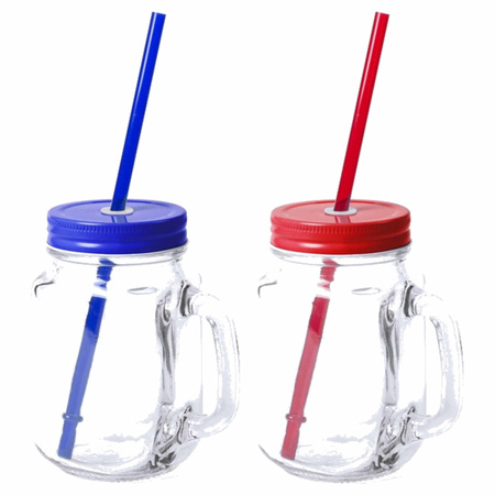 Set van 10x glazen drinkbekers dop/rietje 500 ml blauw/rood