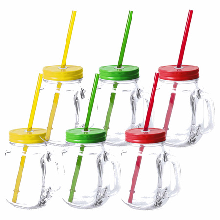 Set van 12x glazen drinkbekers dop/rietje 500 ml geel/groen/rood