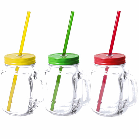 Set van 12x glazen drinkbekers dop/rietje 500 ml geel/groen/rood