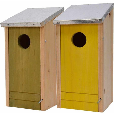 Set van 2 houten vogelhuisje/nestkastje 26 cm geel/groen