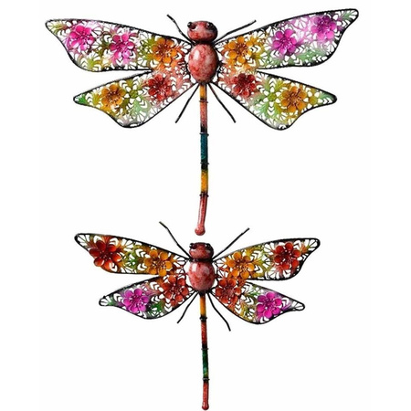 Set van 2 metalen libelles gekleurd  33 en 47 cm tuin decoratie