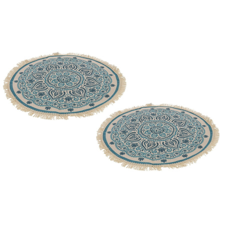Set van 2x stuks blauwe/naturel hammam stijl badmat 50 cm rond