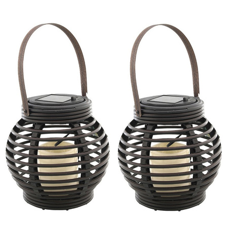 Set of 2x pieces outdoor black rattan hanging lanterns on solar energy 16 cm garden lighting