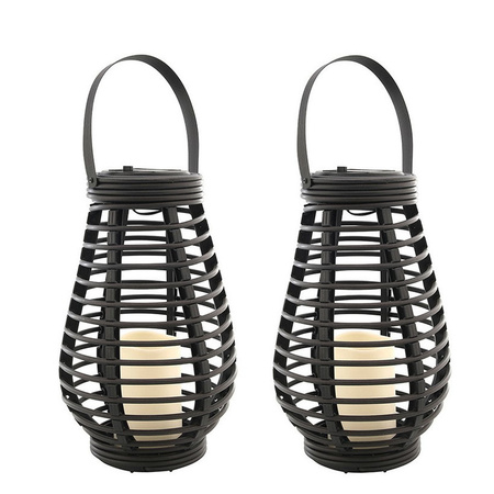 Set of 2x pieces outdoor black rattan hanging lanterns on solar energy 26 cm garden lighting
