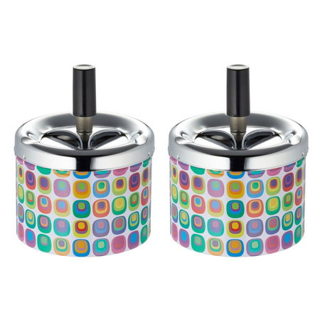 Set of 2x pieces ashtrays with retro squares and silver turning cap