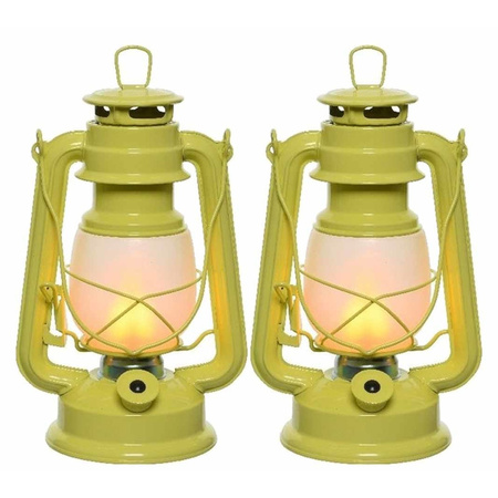 Set of 2x pieces yellow LED light lantern 24 cm with flame effect