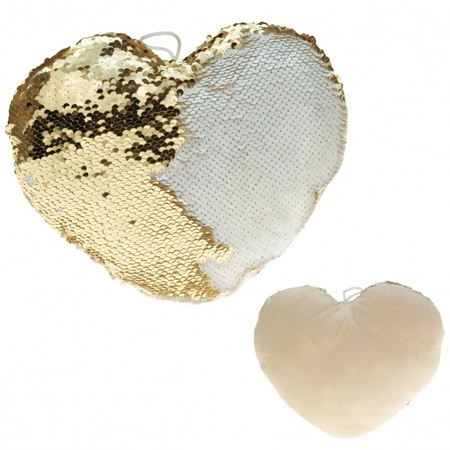 Set of 2x pieces hearts cushion gold/creme metallic with sequins 40 cm