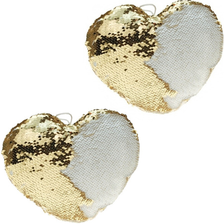 Set van 2x stuks hartjes kussens goud/creme metallic met pailletten 40 cm
