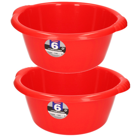 Set of 2x pieces plastic wash tubs round 6 liter red