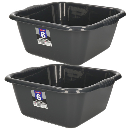 Set of 2x pieces plastic wash tubs square 6 liter anthracite