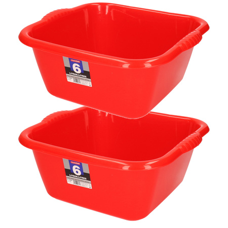 Set van 2x stuks kunststof teiltjes/afwasbakken vierkant 6 liter rood