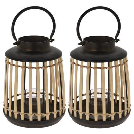 Set van 2x stuks lantaarns/windlichten bamboe/metaal 18 x 24 cm zwart