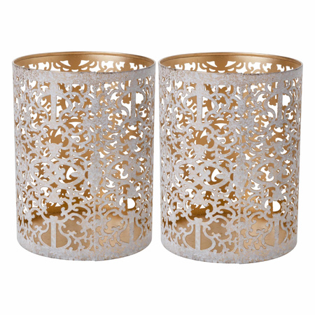 Set of 2x pieces tealight holders gold/white wash 13 cm