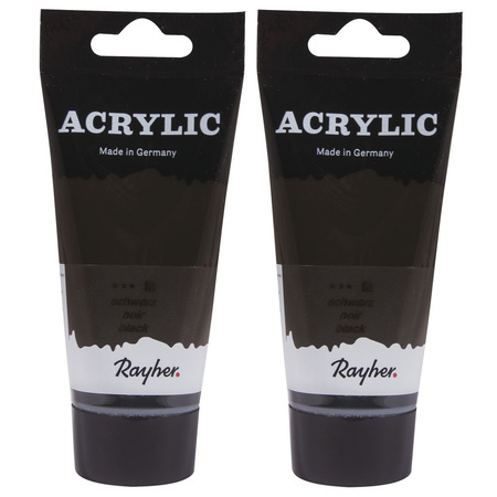 Set of 2x pieces black hobby acrylic paint in tube 75 ml