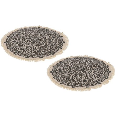Set of 2x pieces black/natural hammam style bath mat/rug 50 cm round
