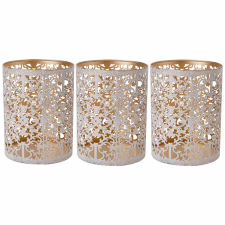 Set of 3x pieces tealight holders gold/white wash 13 cm