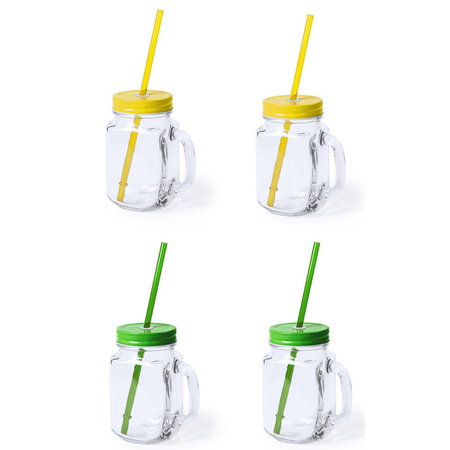 Set van 8x glazen drinkbekers dop/rietje 500 ml geel/groen