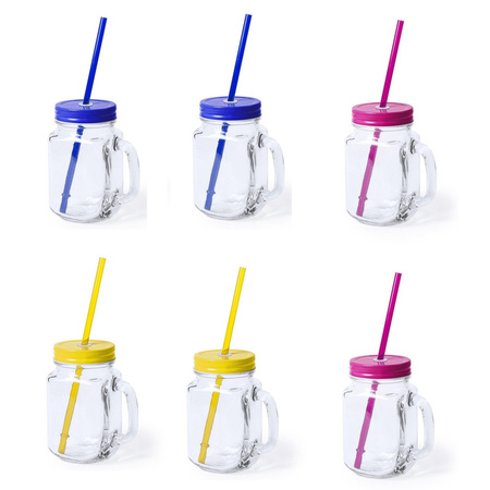 Set van 9x glazen drinkbekers dop/rietje 500ml geel/blauw/roze
