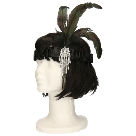 Black flapper headband with feather for women