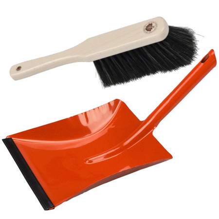 Dustpan and red tin made of metal for indoor use