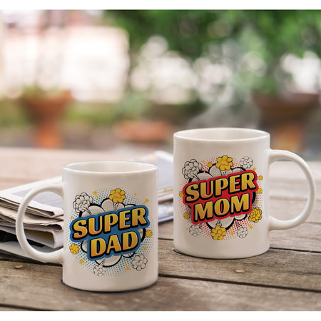 Super Dad en Mom cartoon mok - Cadeau beker set voor Papa en Mama