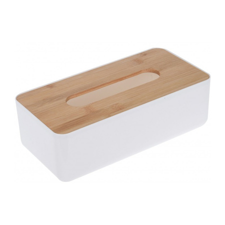 Tissuedoos/tissuebox rechthoekig van kunststof met bovenkant van bamboe hout 26 x 13 cm wit