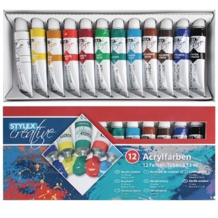  Toppoint set van 12 tubes acrylverf voor kinderen met 6 schilder penselen
