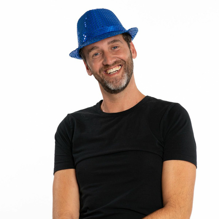 Trilby hoed met pailletten - blauw - polyester - glitter