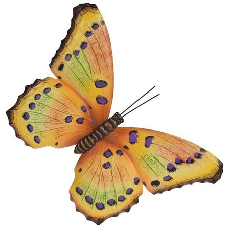 Tuin/schutting decoratie geel/paarse vlinder 35 cm