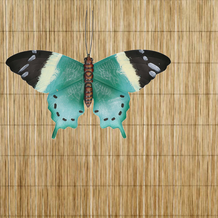 Tuin/schutting decoratie turquoise blauw/zwarte vlinder 44 cm