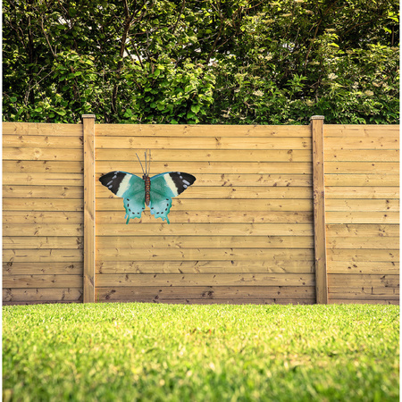 Tuin/schutting decoratie turquoise blauw/zwarte vlinder 44 cm