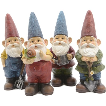2x Garden gnome statues Harold/rake and Gerald/watering can 29 c
