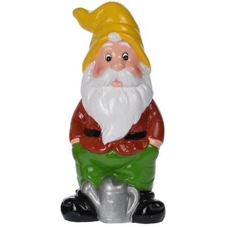Garden gnome statue Peter with yellow hat and watering can 20 cm
