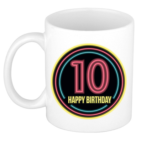 Verjaardag mok / beker -  happy birthday 10 jaar - neon - 300 ml - verjaardagscadeau