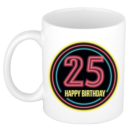 Verjaardag mok / beker -  happy birthday 25 jaar - neon - 300 ml - verjaardagscadeau