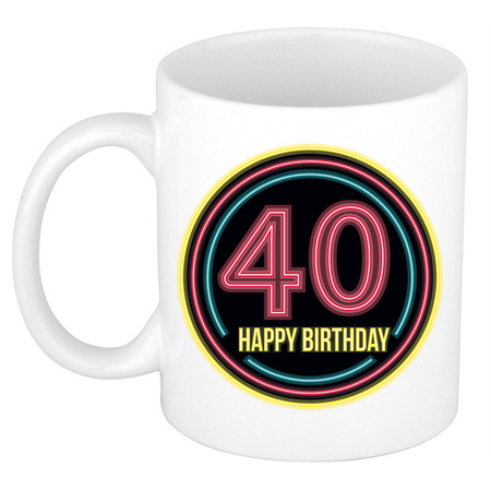 Verjaardag mok / beker -  happy birthday 40 jaar - neon - 300 ml - verjaardagscadeau