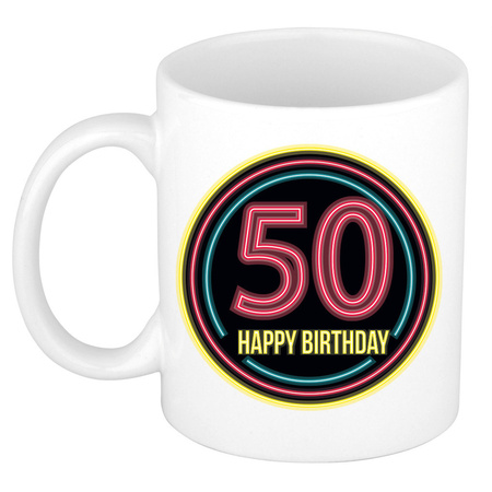 Verjaardag mok / beker -  happy birthday 50 jaar - neon - 300 ml - verjaardagscadeau