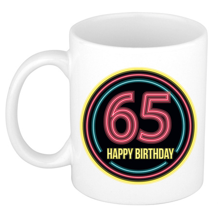 Verjaardag mok / beker -  happy birthday 65 jaar - neon - 300 ml - verjaardagscadeau