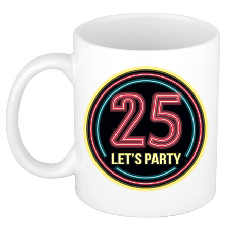 Verjaardag mok / beker - Lets party 25 jaar - neon - 300 ml - verjaardagscadeau