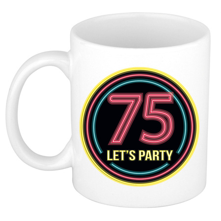 Verjaardag mok / beker - Lets party 75 jaar - neon - 300 ml - verjaardagscadeau