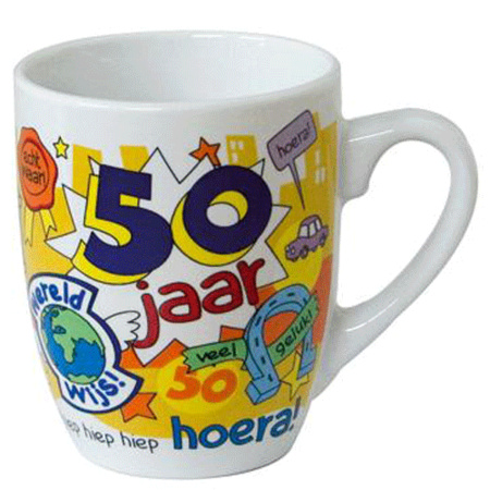 Cartoon mug 50 year old male Dutch text
