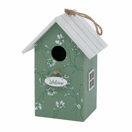 Birdhouse/nest box green/white wood 22 cm
