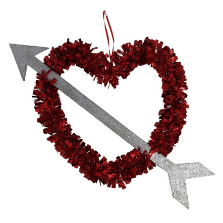 Voordeelset 10x Rood Valentijn/bruiloft hangdecoratie hart met pijl 45 cm