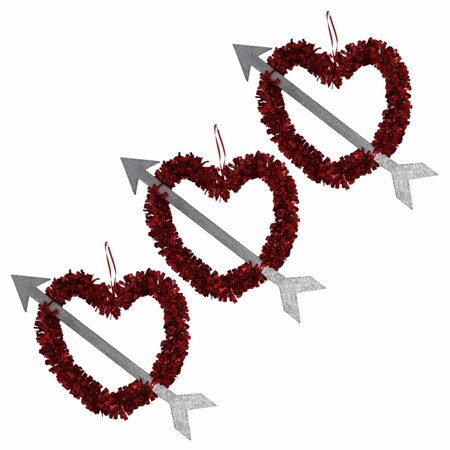 Voordeelset 10x Rood Valentijn/bruiloft hangdecoratie hart met pijl 45 cm