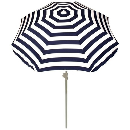 Voordelige set blauw/wit gestreepte parasol en parasolvoet wit