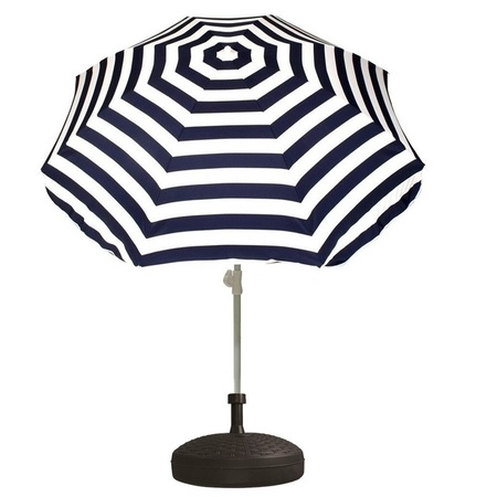 Voordelige set blauw/wit gestreepte parasol en parasolvoet zwart